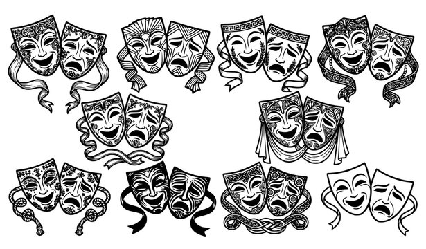 Collection of ornate black outline theater masks featuring comedy and tragedy faces with tribal, greek, and celtic decorative patterns