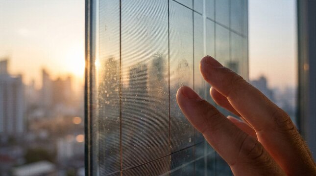 Finger pressing against smart glass window panel with visible fingerprint scan overlooking sunset city skyline representing advanced biometric security and urban technology
