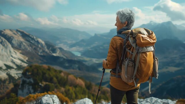 Elderly woman hiking through a mountain landscape, enjoying nature and outdoor adventure.