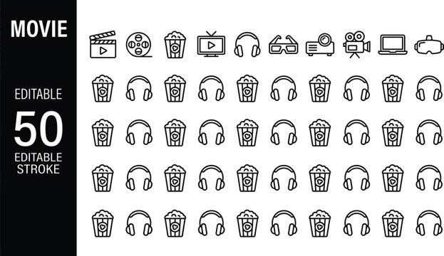 Cinema and movie entertainment linear icon collection featuring popcorn boxes audio headphones projectors clapperboards and video streaming vectors