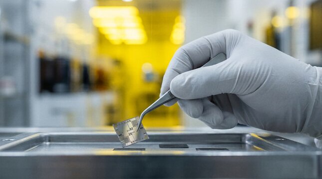 Gloved hand using tweezers to examine transparent photonic microchip in clean room environment symbolizing future optical computing and advanced semiconductor research