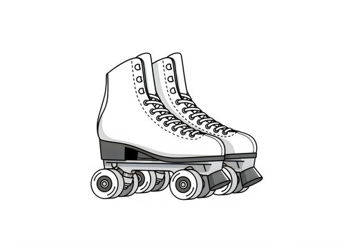 Vintage roller skates illustration with classic white leather boots and four wheels, retro quad skates for disco skating and outdoor recreation. Minimalist line art of traditional roller skates