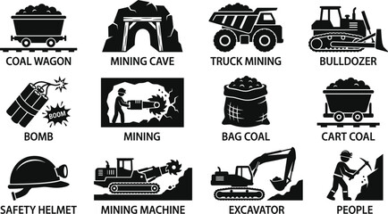 Coal mining industry black glyph icons set featuring excavator bulldozer machinery cave wagon helmet dynamite vector © Afroja