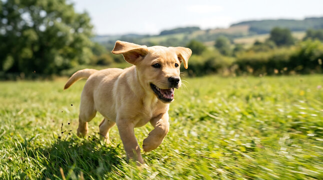 A vibrant and playful golden Labrador puppy joyfully bounds through a lush green field under the bright sun, embodying the spirit of youthful energy and natural happiness