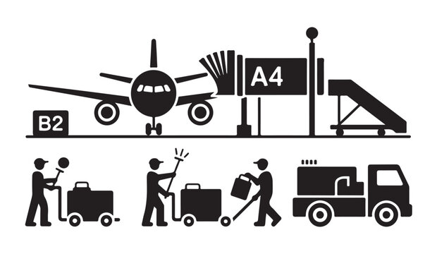 Airport apron activities illustration with aircraft passenger boarding bridge and ground crew workers scene.