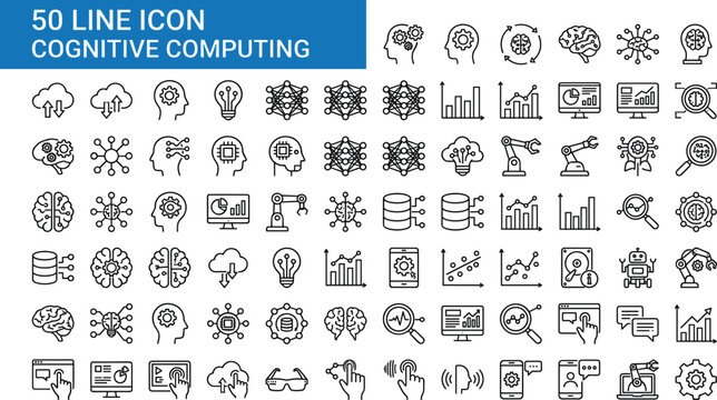 Cognitive computing line icons set featuring artificial intelligence machine learning big data analytics neural network and robotic automation (17 words)