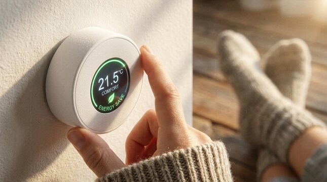 Person adjusting modern smart thermostat with glowing green energy save indicator on wall in cozy bright room illustrating automated domestic heating and eco friendly lifestyle