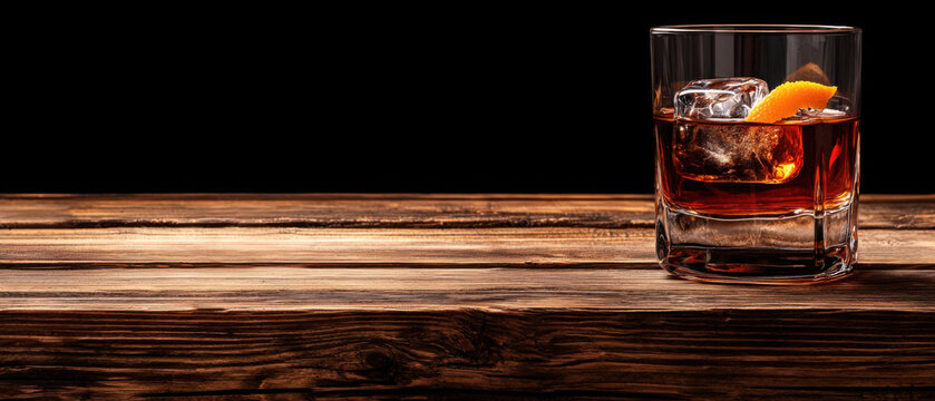 Glass of Whiskey with Ice and Orange Peel on Rustic Wooden Table