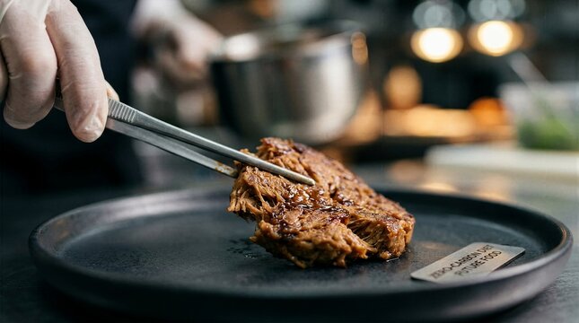 Close up of chef hands using metal tweezers to carefully arrange lab grown zero carbon meat on dark plate for sustainable future diet concept
