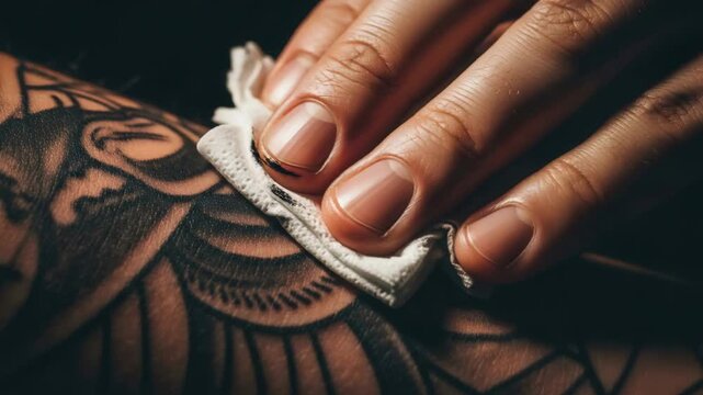 Man wiping fresh tattoo on arm in studio. Tattoo artist cleaning client sleeve design. Body art process and aftercare concept.