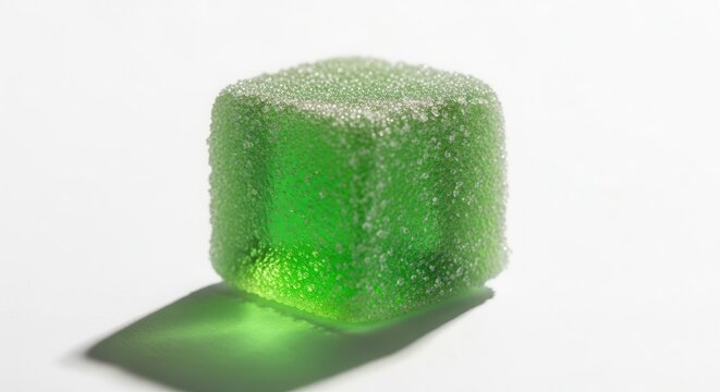 Single Green Gummy Cube Covered in Sugar Crystals on White Background.