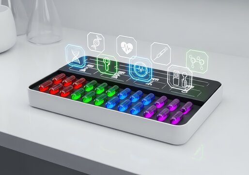 A futuristic medical kit featuring glowing digital icons and colorful pharmaceutical capsules on a sterile white surface in a research lab, research, global, digital