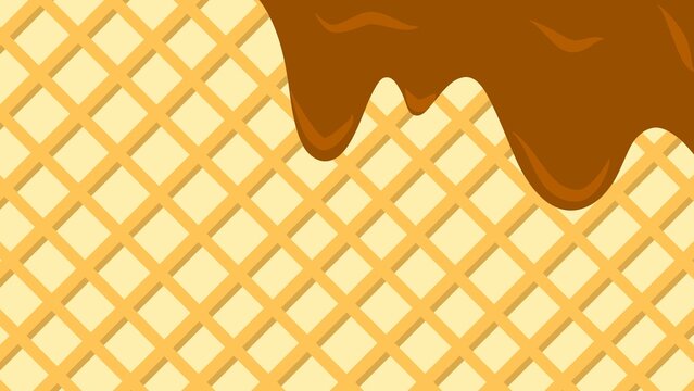 Wafer texture with creamy chocolate icing drips. Chocolate ice cream waffle texture background. Flowing sweet drips over crunchy waffle biscuit surface. Chocolate melted on a waffle background