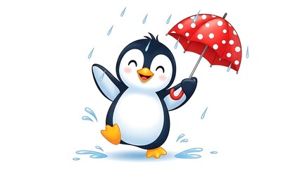 Fototapeta premium Cute cartoon penguin with red umbrella in the rain weather forecast white background umbrella splashing illustration character antarctic childish celebration wildlife isolated