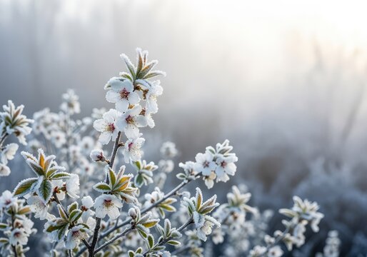A serene winter landscape features delicate white blossoms and frosty foliage under a soft morning mist, creating a dreamy ethereal scene, beauty, morning, light
