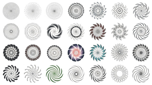 Geometric spiral mandala collection, 28 abstract circular vortex vector icons, monochrome and colored radial sunburst shapes for logo design