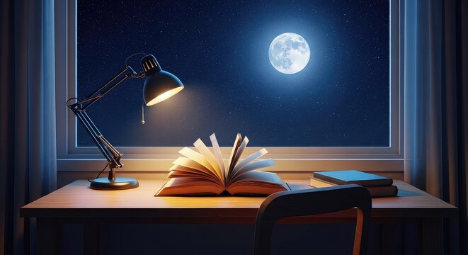 A serene wooden desk by a window reveals an open book and warm lamp under a glowing full moon in a starry night sky with gentle lighting, leaves, shadows, full moon