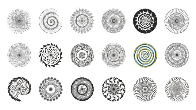 Geometric spiral mandalas and circular vortex shapes, 18 abstract line art icons, decorative radial patterns for logo design and branding