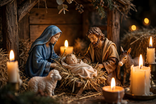 Nativity Scene: A tender portrayal of the holy family, Mary and Joseph, gazing lovingly at the infant Jesus nestled in a manger, illuminated by the warm glow of candles.