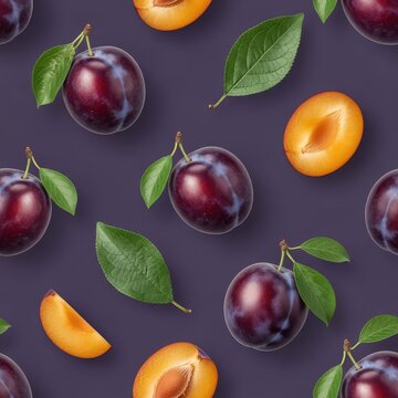 A vibrant seamless pattern featuring ripe whole plums and juicy slices set against a deep violet background with green leaves and stems, vegetation, fresh, sweet