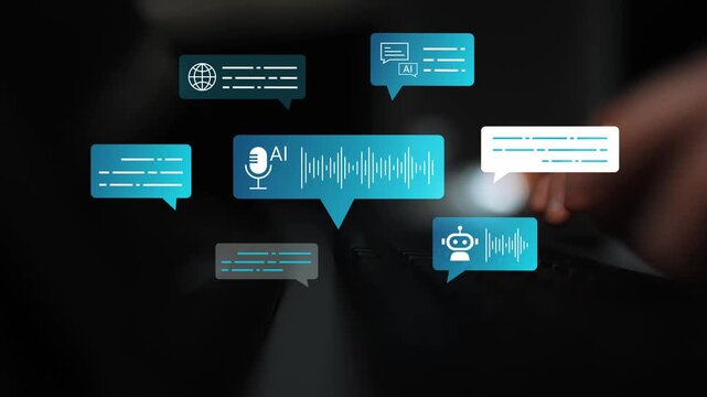 Abstract representation of artificial intelligence communication with speech bubbles and icons depicting technology, data, and voice recognition elements Gluon.