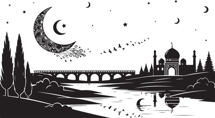 Night sky with crescent moon and flying bat over gothic cathedral silhouette stars © DS STORE