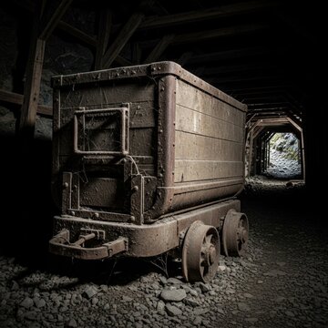 Old mining cart in a dark tunnel with visible wooden beams and rocky ground