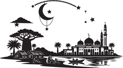 Silhouette of mosque with crescent moon and stars over palm trees and cityscape at dusk © DS STORE