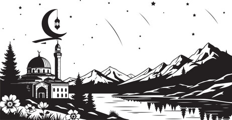 Winter night cityscape with illuminated church and flying birds silhouetted against starry sky steeple © DS STORE