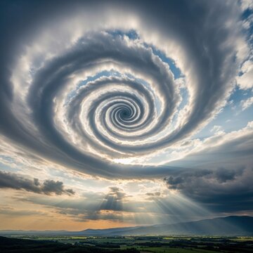 Dramatic cloud spiral formation over landscape with sunlight streaming through