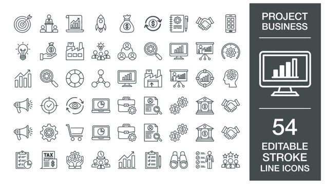 Collection of fifty four editable stroke line icons for professional business project planning.