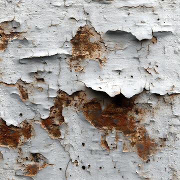 Peeling white paint on a weathered metal surface reveals layers of rust and decay from long-term exposure.