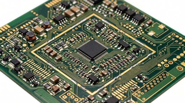Detailed View of Electronic Motherboard PCB with Gold Traces