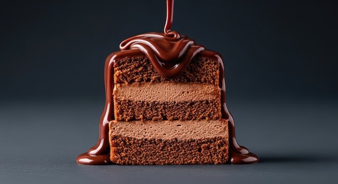 Glossy dark chocolate ganache cascading over a miniature two-layer cocoa cake filled with light mousse, set against a dark background, sugar, liquid, miniature