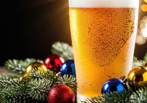 Golden beer bubbles glow brilliantly within a chilled glass, surrounded by festive evergreen branches and shimmering holiday ornaments, pine, evergreen, interior