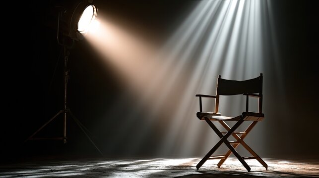Vintage studio film spotlight illuminating wooden director chair on black background, movie set behind-the-scenes atmosphere, film media entertainment industry PPT design material