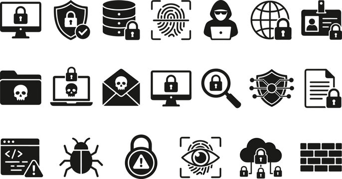 Cyber security and hacker icon set with data protection lock biometric scanner malware skull and firewall