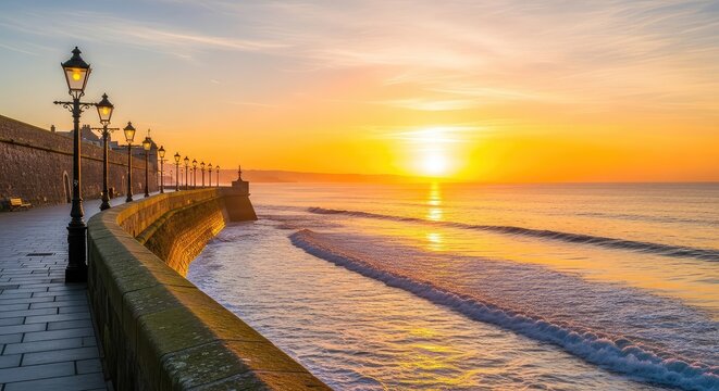 Golden sunset light reflecting on a coastal promenade with historic stone walls and decorative lamp posts overlooking the calm sea waves, historic, urban, clouds