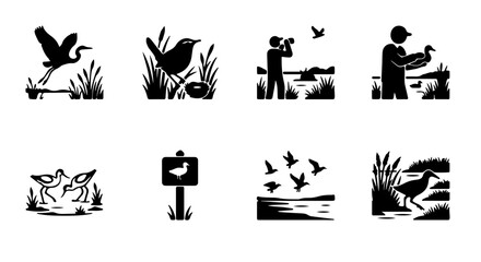 Obraz premium Bird Watching Icons, Ornithology Set, Wildlife Observation Vector Graphics, Nature Hobby Collection