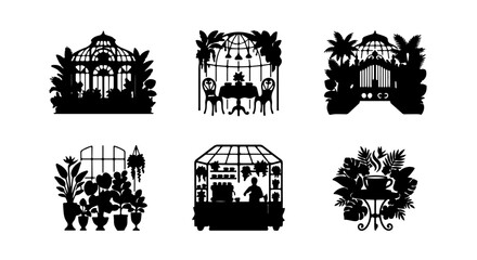 Fototapeta premium Victorian Greenhouse Silhouettes, Botanical Garden Icons, Conservatory Scenes, Tropical Plants, Elegant Architecture
