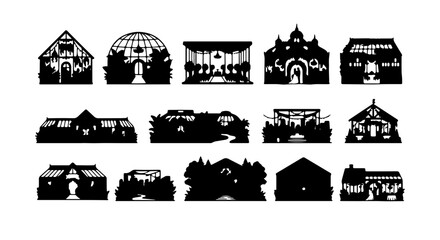 Greenhouse Silhouettes, Botanical Structures, Glass Buildings, Garden Domes, Conservatory Icons © mariyam