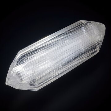 Macro photography of a translucent white ulexite crystal showing its natural fiber optic properties on a solid dark black background, sodium, specimen, geology