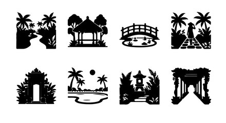 Fototapeta premium Tropical Garden Silhouettes, Asian Landscape Icons, Zen Park Elements, Exotic Nature Vector Set