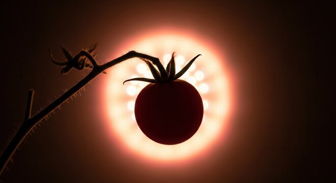 Silhouette of a ripe tomato hanging from a vine against a glowing orange background.