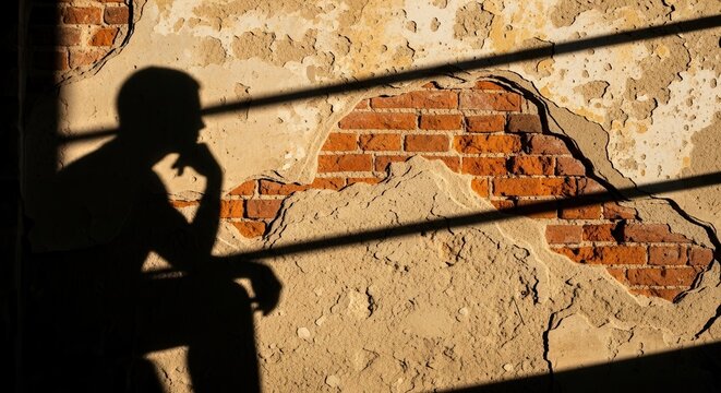 Silhouette of a pensive man sitting alone looking through a window at a brick wall.