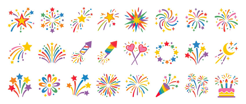 Collection of Colorful Festive Fireworks and Celebration Graphics