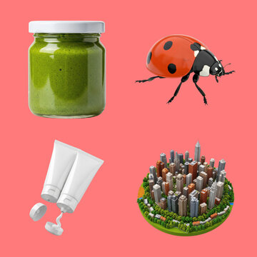 Set of four random objects including food jar ladybug cream tube and city