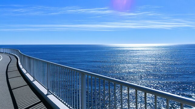 Scenic outdoor coastal drive landscape, gently curving grey road on left, long white metal guardrail separating road and vibrant blue ocean extending to horizon, sunlight shimmering on soft waves, bri