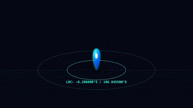 Digital Map Pin Icon Animation with Dynamic Geographic Coordinates Display on a Dark Tech Background for Navigation Systems