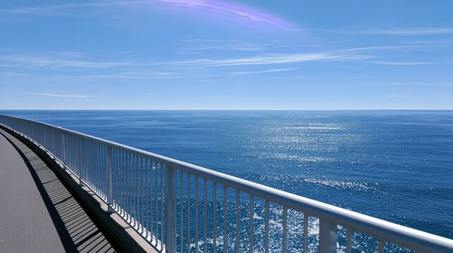 Scenic outdoor coastal drive landscape, gently curving grey road on left, long white metal guardrail separating road and vibrant blue ocean extending to horizon, sunlight shimmering on soft waves, bri